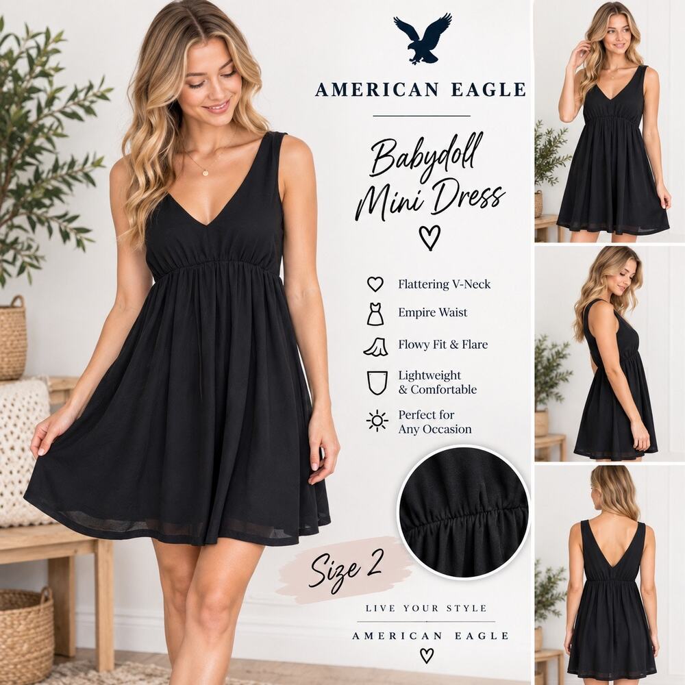American Eagle Babydoll Mini Dress Black V Neck Empire Waist Sleeveless Sz 2